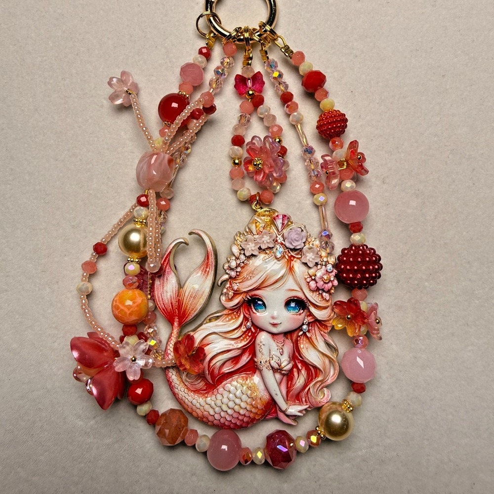 Red Orange Mermaid Phone Wristlet Keychain Glow in Dark Bag Charm Handmade